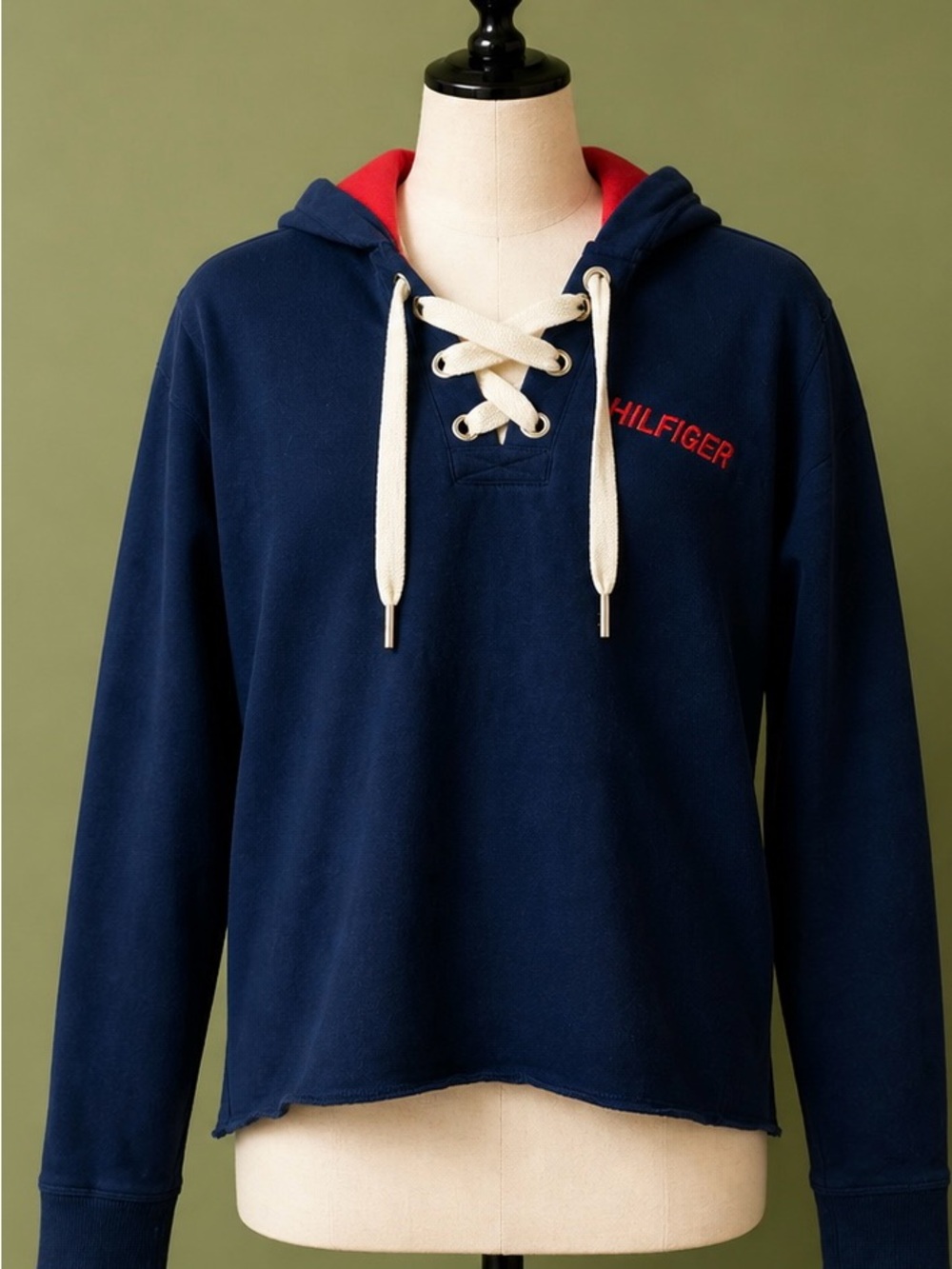 Tommy Hilfiger Navy Hoodie with White Drawcord and Red Hood Trim